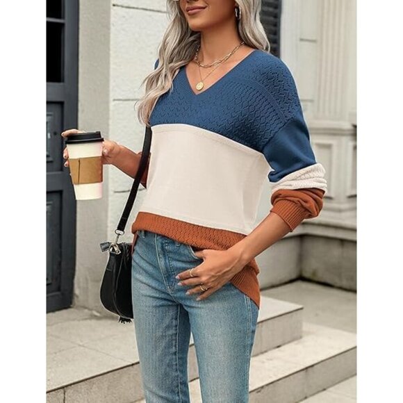 Womens Sweater Lightweight Knit V Neck Long Sleeve Crochet Casual Top - Picture 2 of 4